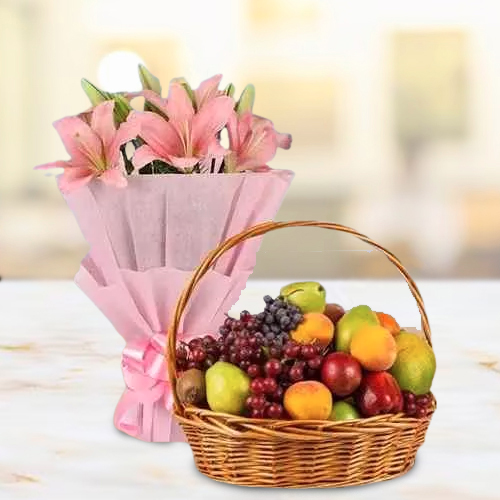 Deliver Lilies Bouquet with Basket of Fresh Fruits