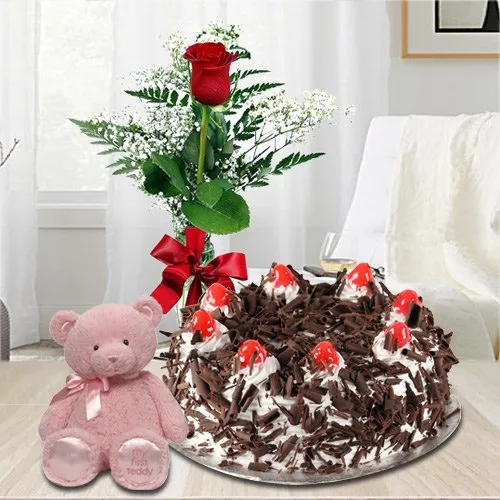 Order Black Forest Cake with Single Red Rose N a Small Teddy Online 