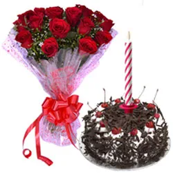 Gorgeous Red Roses Bouquet and Black Forest Cake with Candles