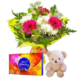 Deliver Midnight Combo Pack of Flowers Bouquet with Cadbury Celebrations and Small Teddy