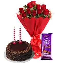 Deliver Red Roses Bouquet with Dairy Milk Silk, Chocolate Cake and Candles