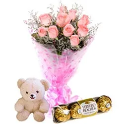 Delectable Ferrero Rocher with Teddy and Pink Roses Bunch