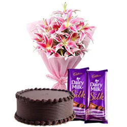 Buy Lilies Bouquet with Dairy Milk Silk and Chocolate Cake