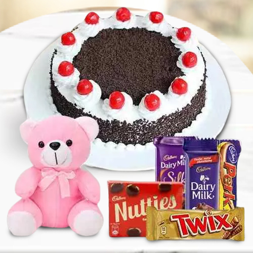 Send Online Black Forest Cake with Assorted Cadbury N a Small Teddy 