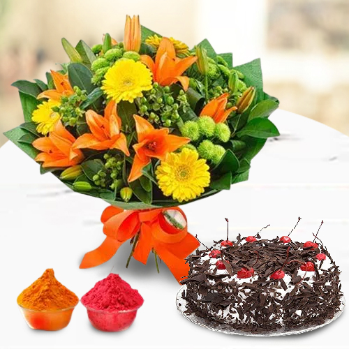 Mixed fresh Seasonal Flowers with festive Black Forest Cake