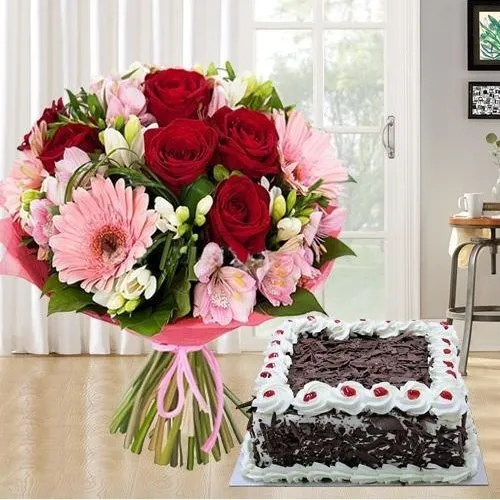 Shop Mixed fresh Seasonal Flowers with festive Black Forest Cake