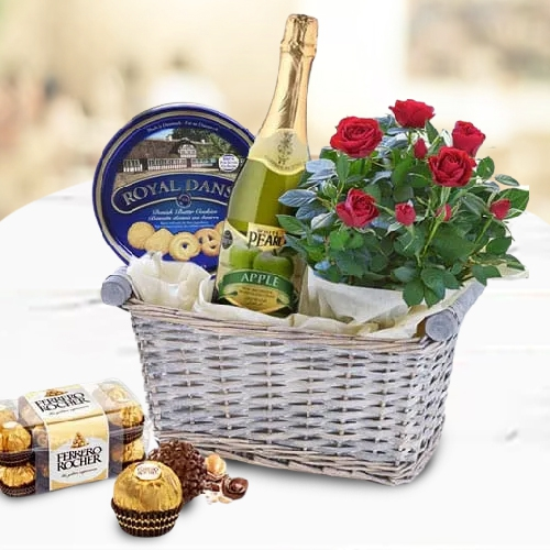 Luscious Taste of Tradition Gourmet Basket with Red Rose Bunch