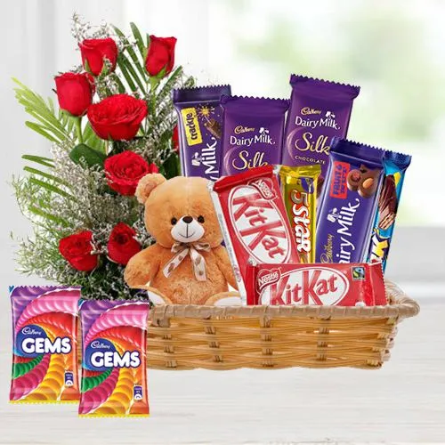 Delicious Chocolates Basket with Red Rose Bouquet