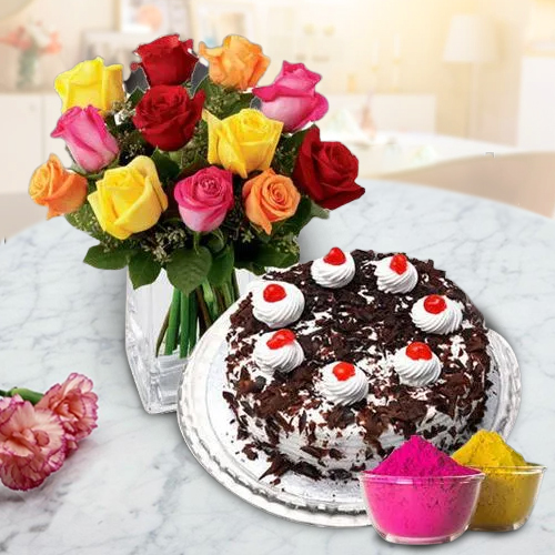 Exclusive multicolor Roses with yummy Black Forest Cake from 5 Star