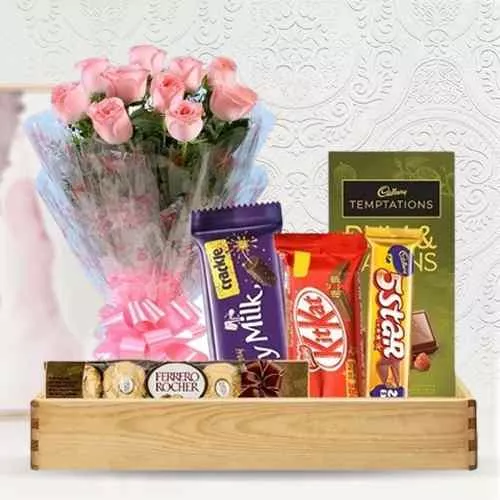 Yummy Chocolates Hamper with Pink Roses Buquet