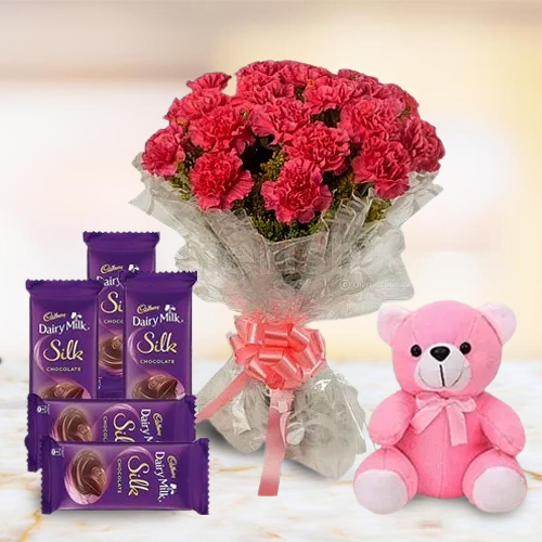 Deliver Teddy N Chocolates with Carnations Bouquet