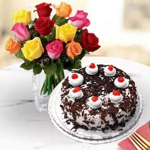 Fresh Black Forest Cake from 5 Star Bakery with Stunning Mixed Roses