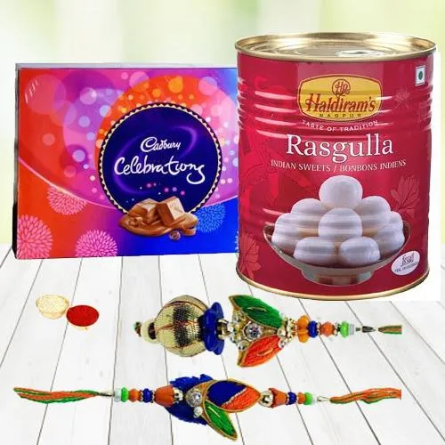 Cadbury Chocolates, Haldirams Rasgulla n Rakhi Set