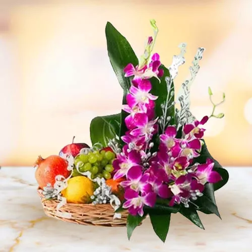 Beautiful Flowers with Fresh Fruits Basket