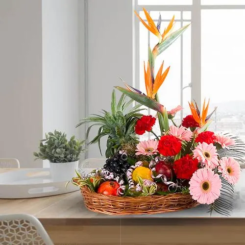Exquisite Gift Basket of Flowers and Fresh Fruits