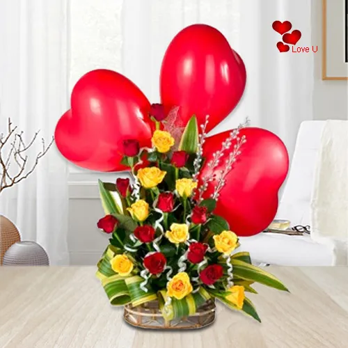 Multicolored Roses arrangement with Red heart shaped Balloons