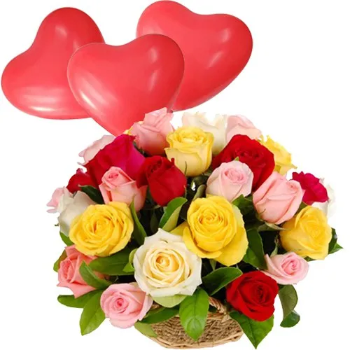 Wonderful Roses Arrangement with Red Heart Shaped Balloons