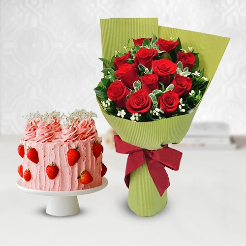 Send Birthday Strawberry Cake with Rose Bouquet