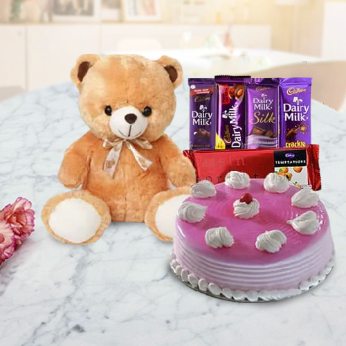 Send Strawberry Cake with Chocolates N Teddy