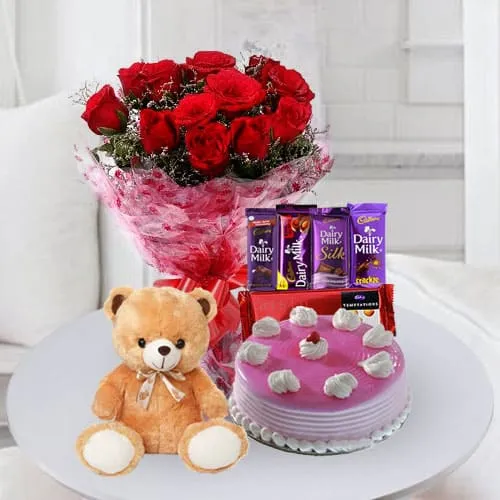 Shop for Cake with Chocolates, Teddy n Flowers for Birthday