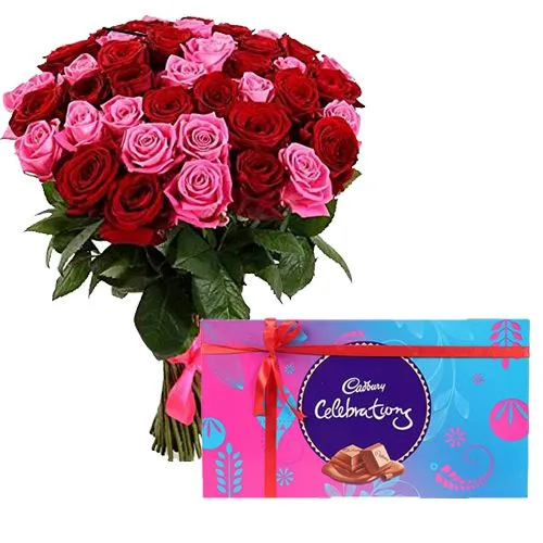Delicious Mixed Chocolates and Pink and Red Roses Arrangement