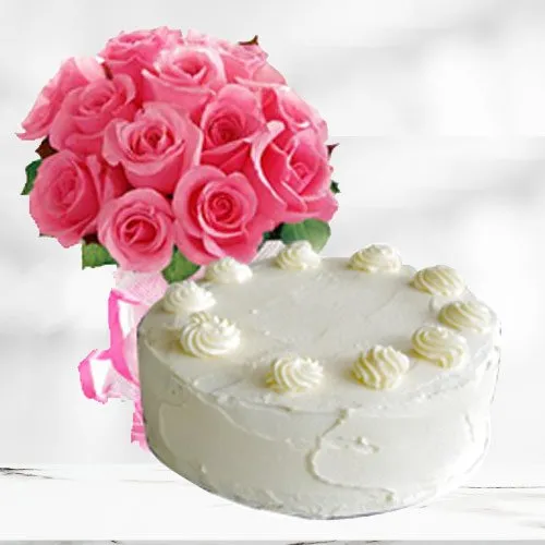 Shop Vanilla Cake with Pink Roses Bouquet