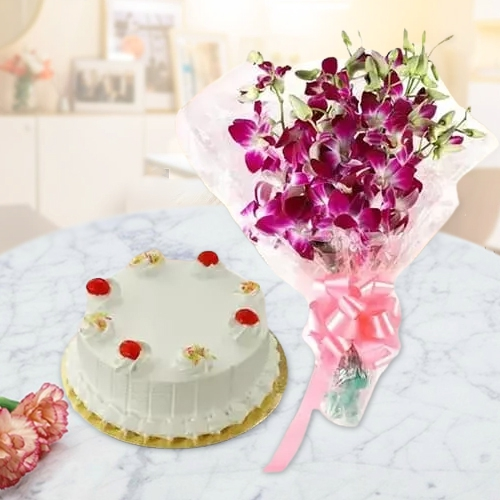Buy Vanilla Cake with Orchids Bouquet