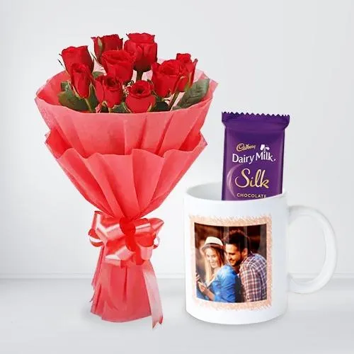 Charming Bunch of Red Roses with Cadbury Silk N Personalized Mug