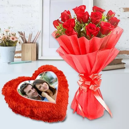 Classy Rose Day Special Arrangement with Customized Photo Cushion