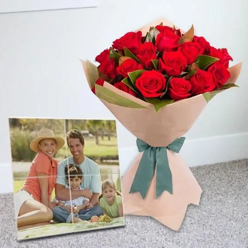 Graceful Bunch of Red Roses with Personalized Photo Tile