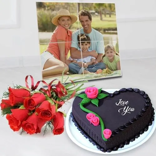 Chocolaty Propose Day Cake with Customized Photo Tile N Red Rose Posy