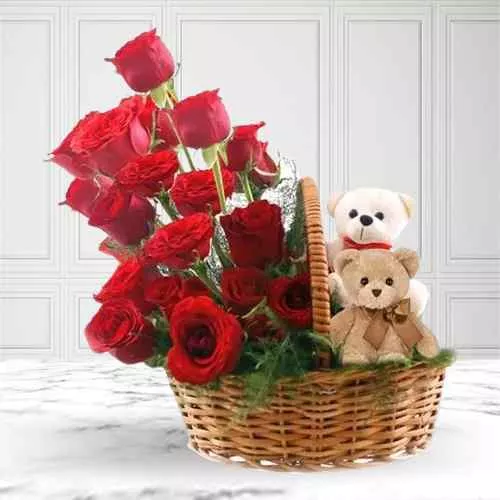 Exclusive Gift Basket of Roses N Twin Teddy