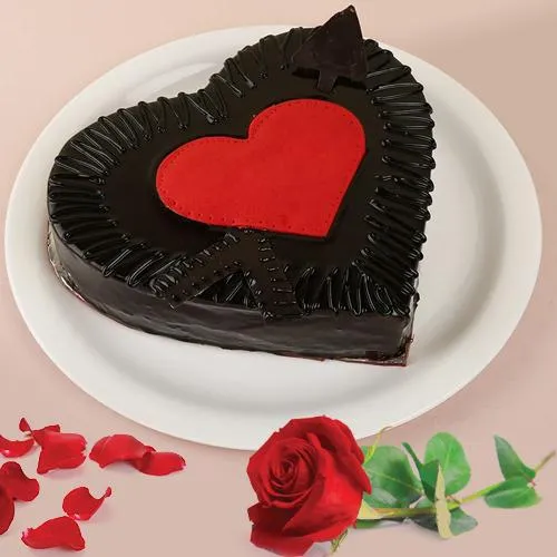 Delightful Heart shape Chocolate Cake with Single Red Rose Combo