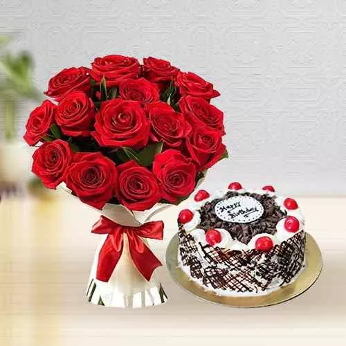 Classy Gift of Black Forest Cake with Red Rose Arrangement