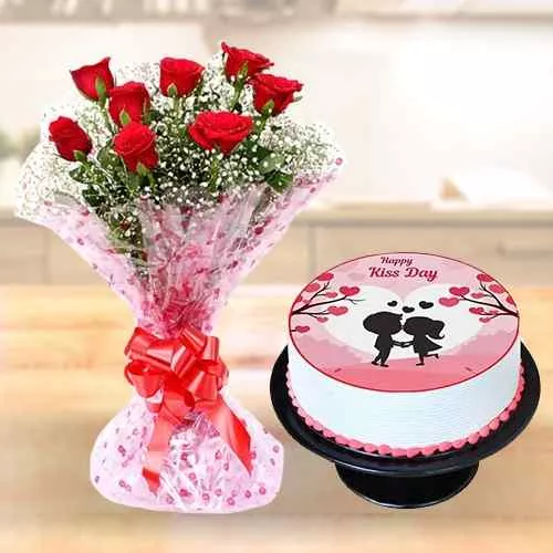 Happy Kiss Day Photo Cake with Hand Bunch of Red Roses