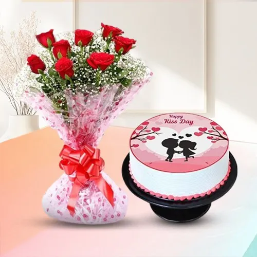 Happy Kiss Day Photo Cake with Hand Bunch of Red Roses