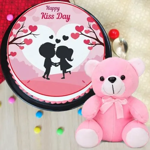 Amazing Kiss Day Gift of Strawberry Photo Cake with Love Teddy