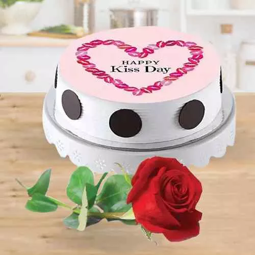 Lip Smacking Kiss Day Photo Cake with Single Red Rose