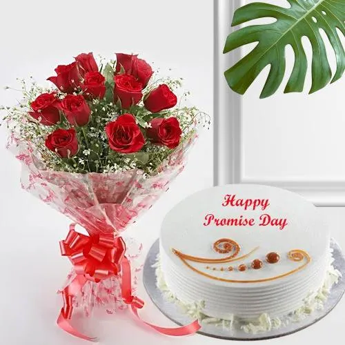 Luscious Promise Day Vanilla Cake with Pink Roses Bouquet