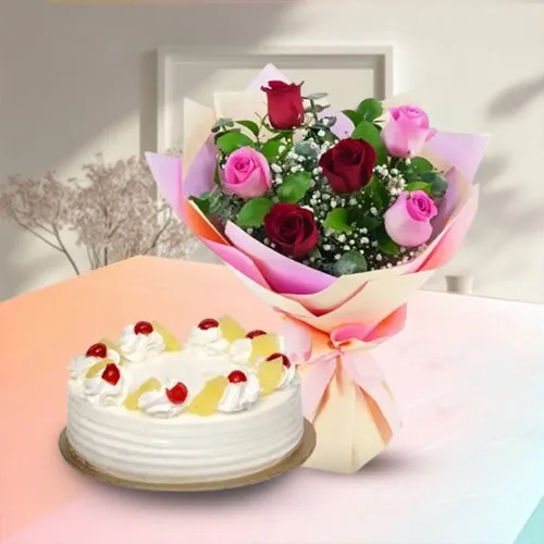 Lip Smacking Pineapple Cake with Lovely Red N Pink Rose Posy