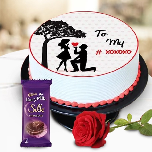 Attractive Propose Day Gift Combo of Personalized Cake, Chocolate N Red Rose