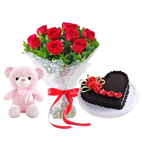 Vibrant Gift of Heart Shape Chocolate Cake with Soft Teddy N Rose Bouquet