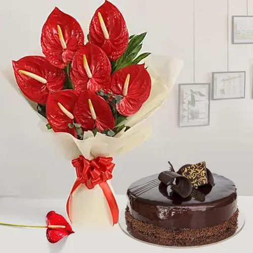 Get Combo of Anthurium Bouquet with Chocolate Cake