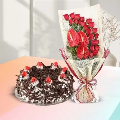 Shop Red Roses n Anthodium Bouquet with Black Forest Cake