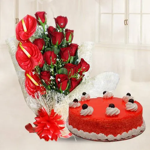 Sending Roses and Anthurium Bouquet with Red Velvet Cake