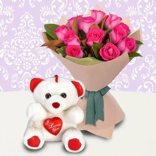 Order Pink Roses Bunch with a small Teddy Bear specially for Mom