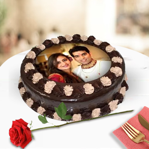 Order Single Red Rose with Chocolate Photo Cake