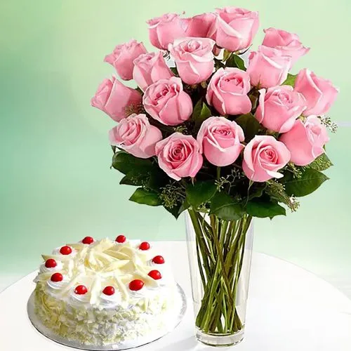 Graceful Pink Roses in Vase n White Forest Cake Combo
