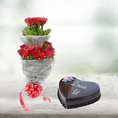 Send Love Chocolate Cake with Tall Bouquet of Red Roses