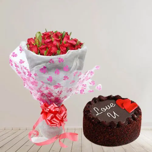 Deliver Chocolate Cake with Red Roses Bouquet